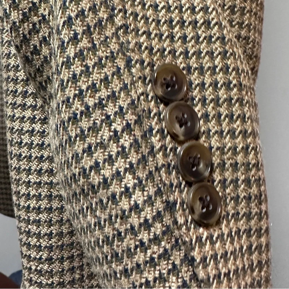 Vintage 80s Andhurst Tan Beige Houndstooth Wool Blend Sport Coat Mens Size 46L